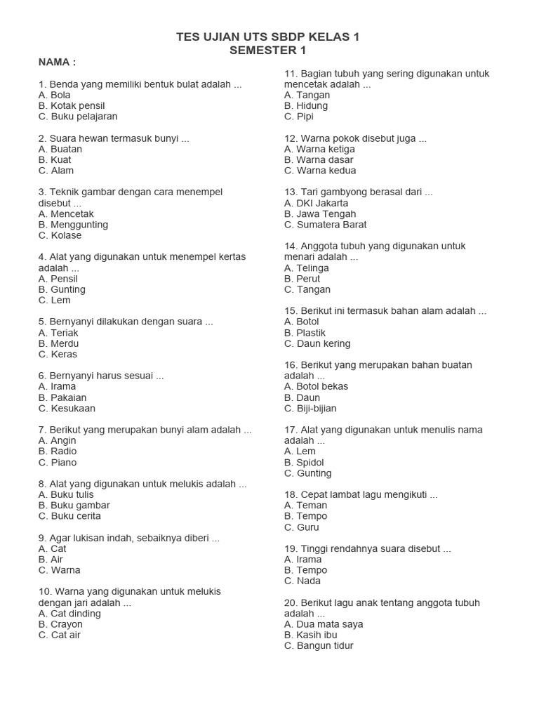 UTS SBDP Kelas 1 Semester 1 | PDF | Seni