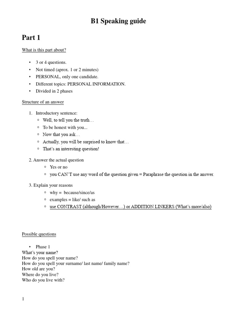 B1 Speaking Guide 2023 Pdf Linguistics