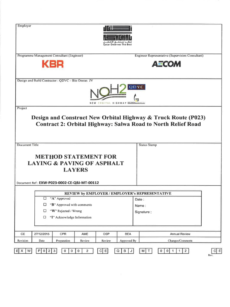 Method Statement For Laying Paving of Asphalt Layers | PDF