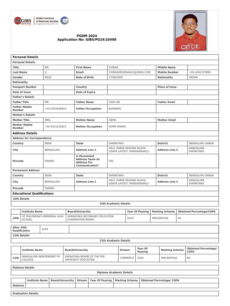 Application Form GIBS PG24 10498 | PDF | Bangalore | Qualifications