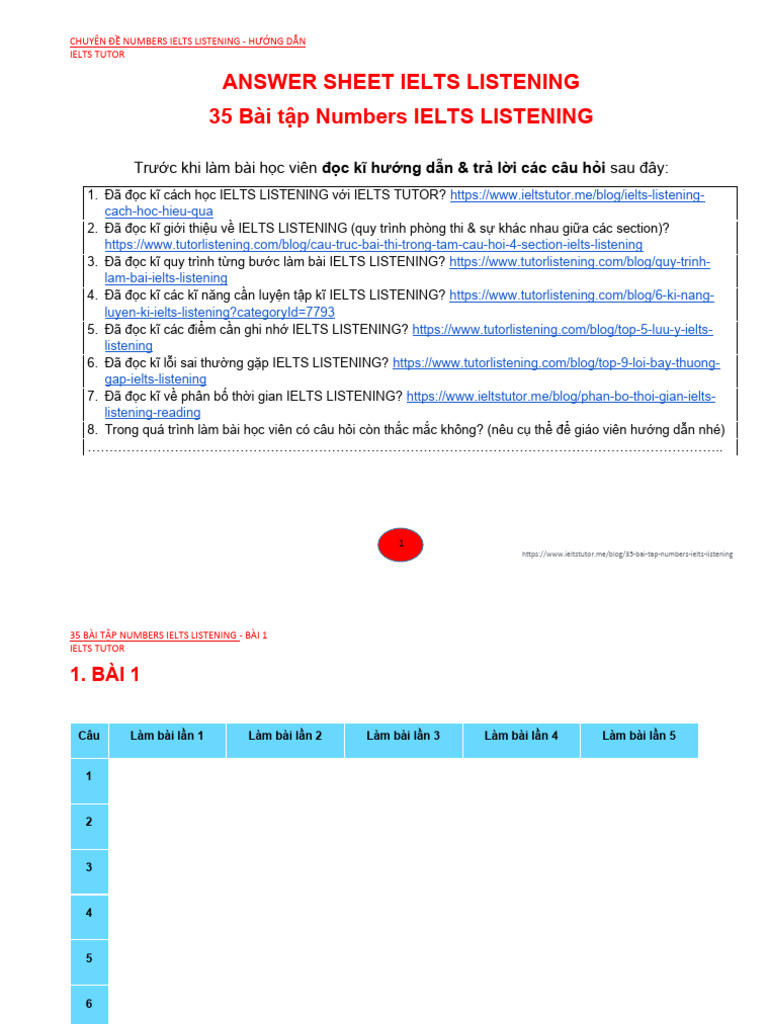 Answer Sheet Ielts Listening - 35 Chuyên Đề Numbers Ielts Listening | PDF