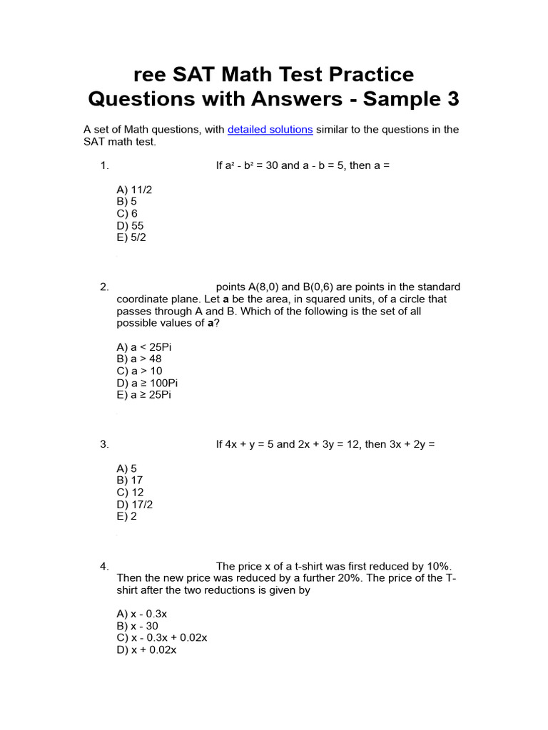 Free SAT Math Practice Questions | PDF | Area | Mathematics