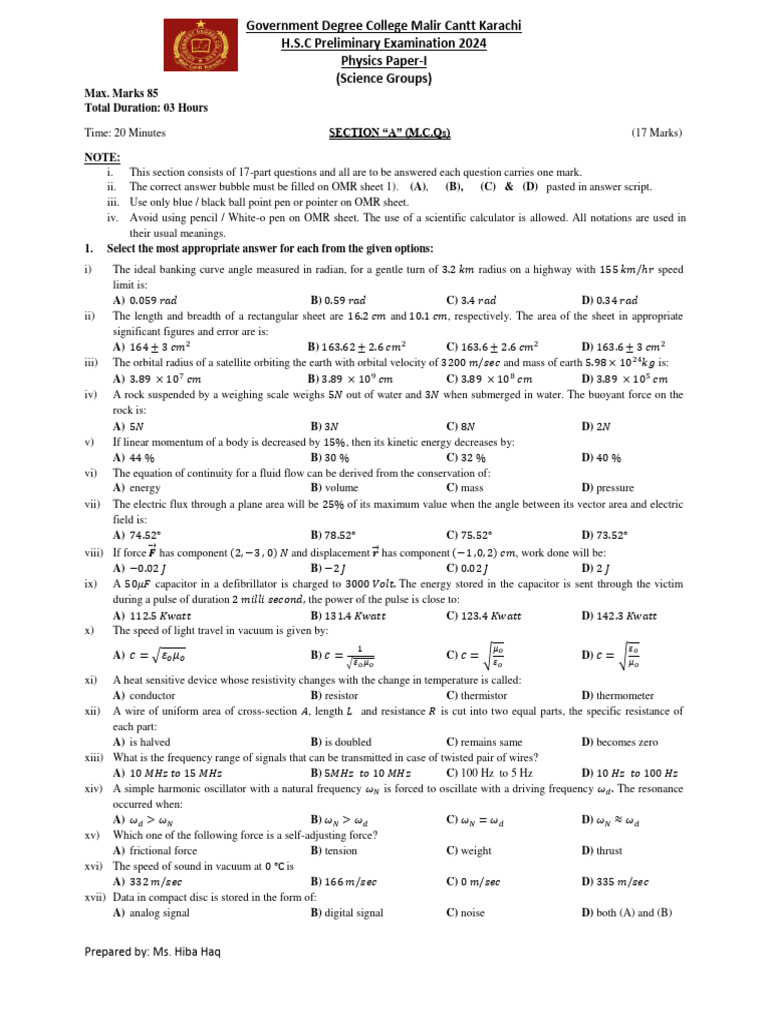 First Year Physics Paper 2024 | Download Free PDF | Force | Electrical ...
