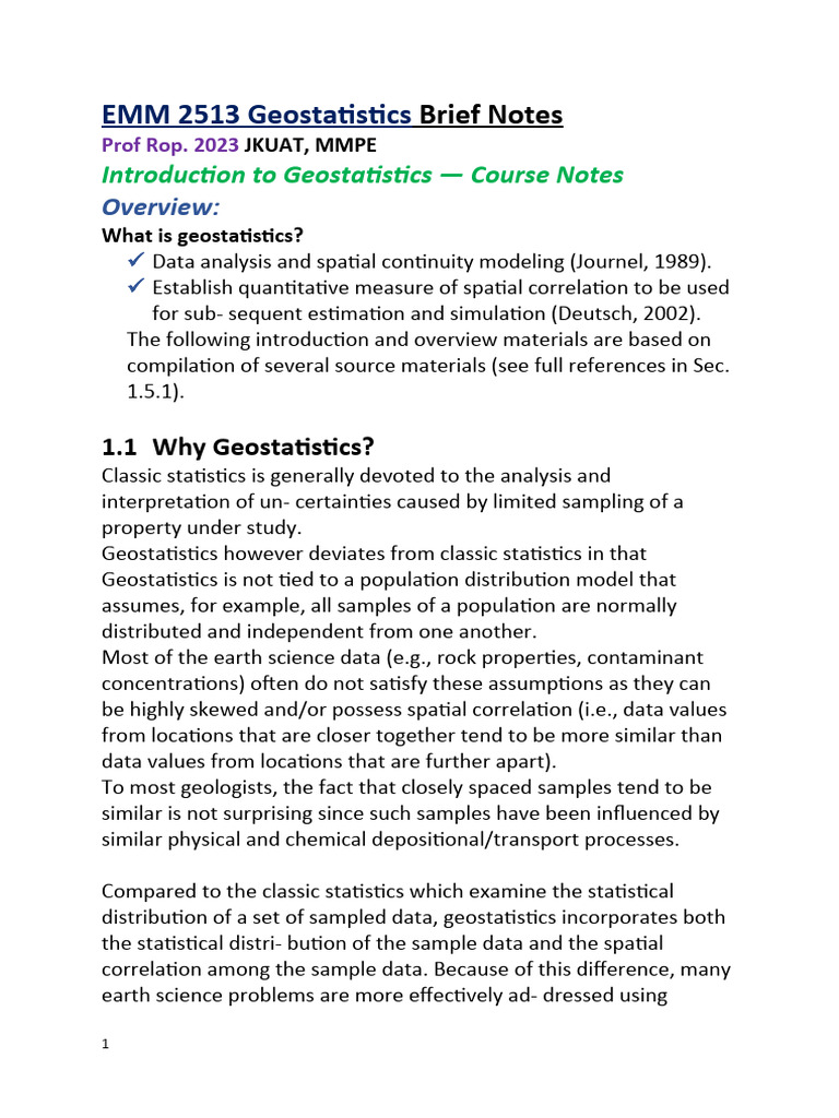 Introduction to geostatistics notes prof rop 2023 pdf applied