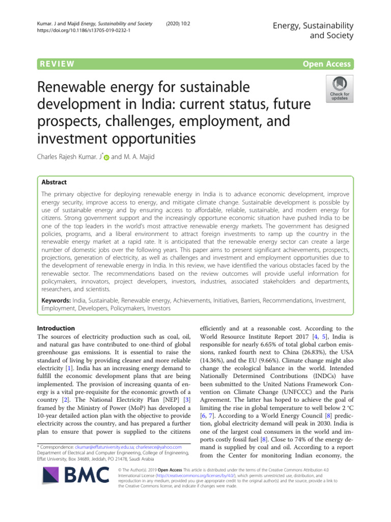 Renewable Energy For Sustainable Development in India: Current Status ...