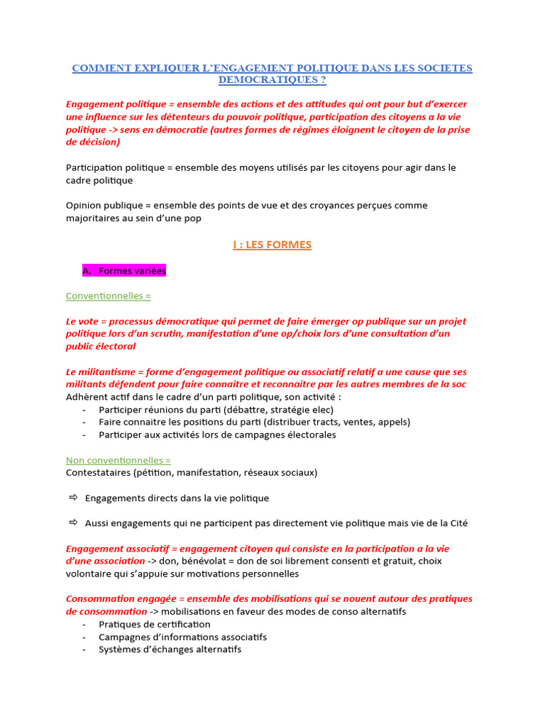 Engagement politique en démocratie : formes et motivations | PDF ...