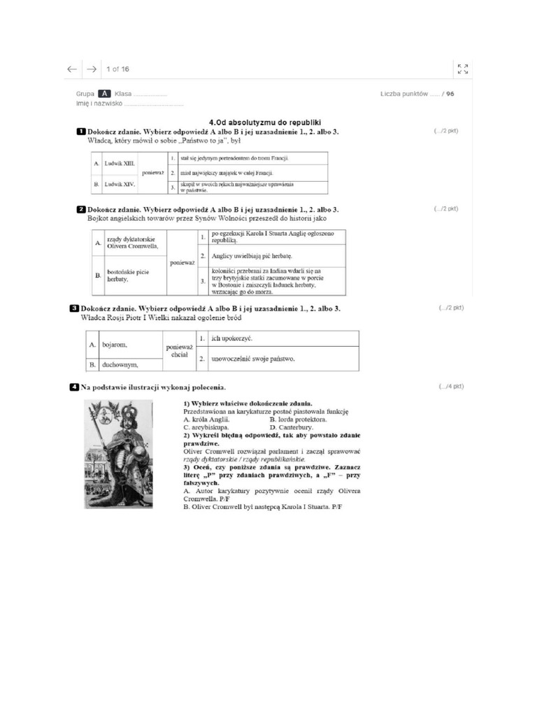 Sprawdzian Z Histori Klasa 6 Historia Kla 6 Dział 5 Od Absolutyzmu Do Repuliki 37 Pytan | PDF