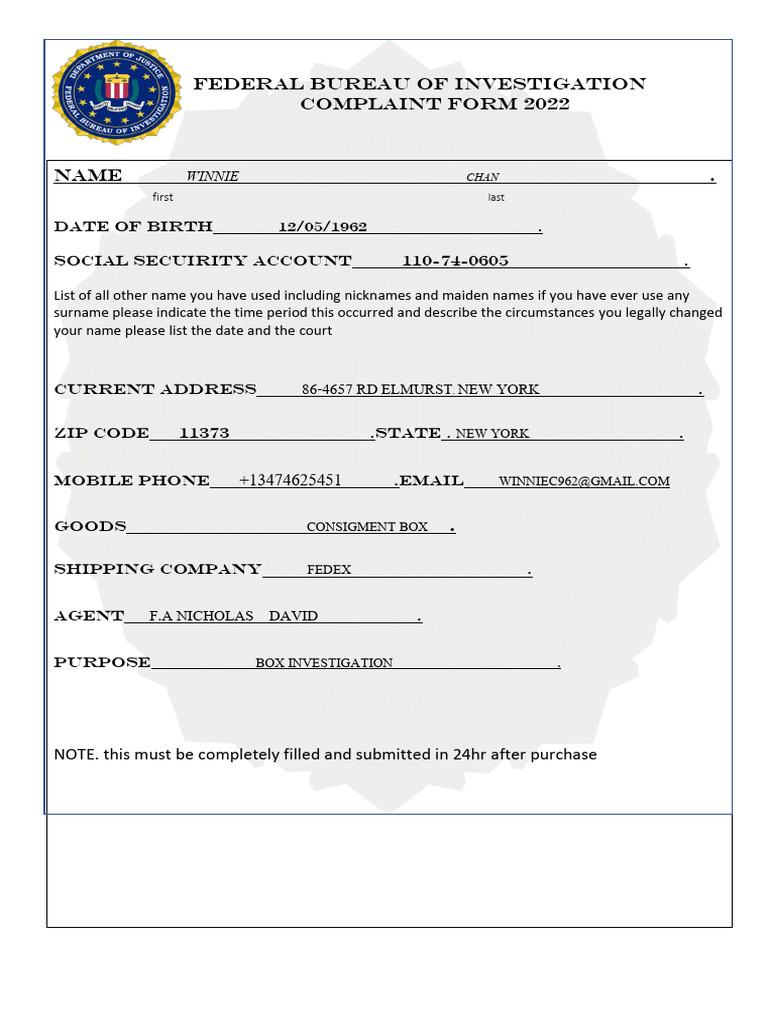 FBI Complaint Form for Box Investigation | PDF