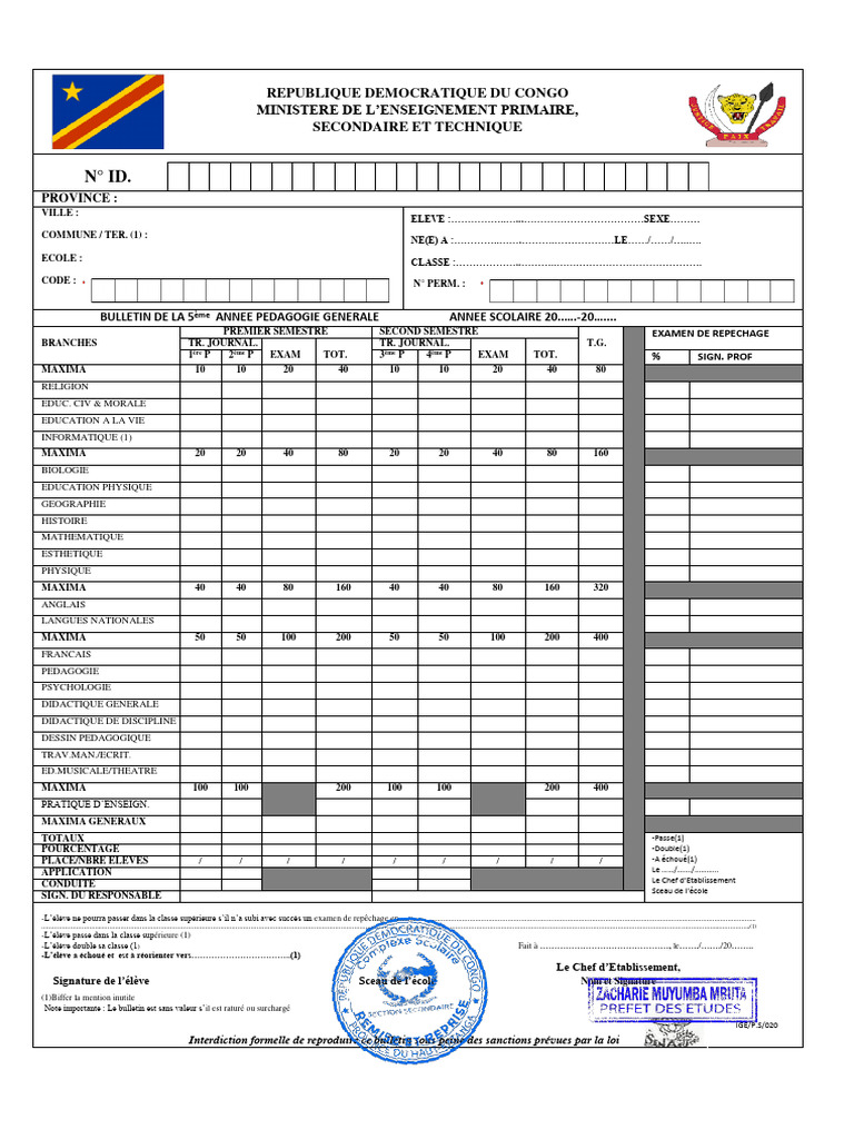 Bulletin Scolaire 5ème Année RDC | PDF