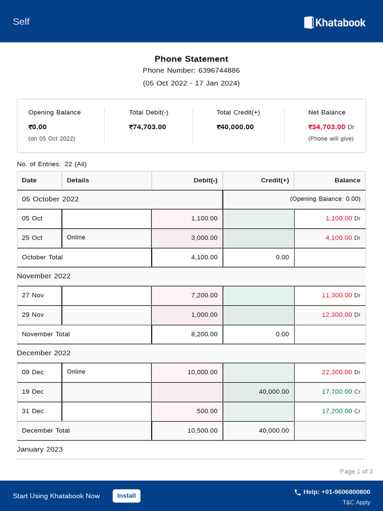 Khatabook Phone Statement Summary | PDF | Debits And Credits ...