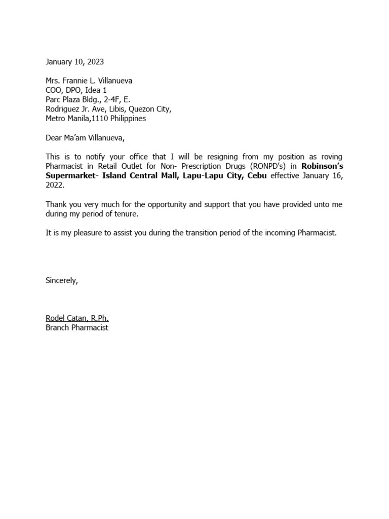 Roving Pharmacist Resignation Letter | PDF | Pharmacology | Health Care