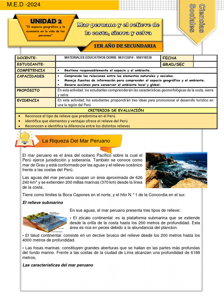 Ficha de Actividad CCSS 1° - Semana 2 | PDF | Andes | Perú
