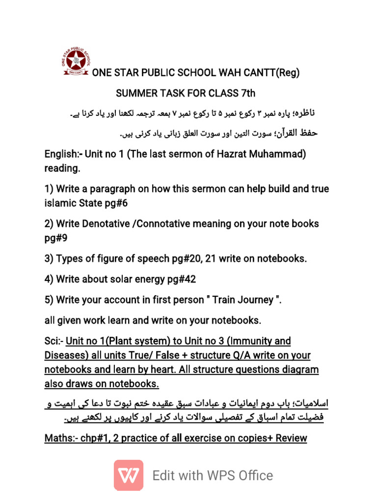 Class 7 Summer Assignment Tasks | PDF