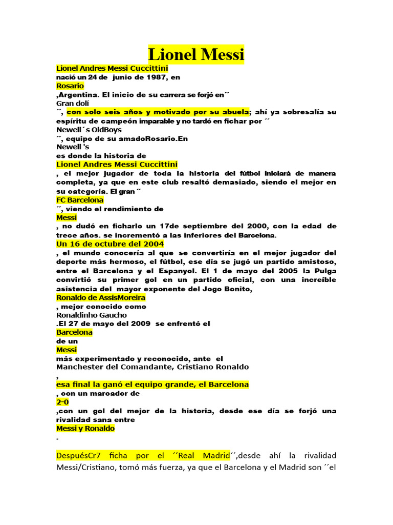 Biografía resumida de Lionel Messi | PDF | Lionel Messi | FC Barcelona