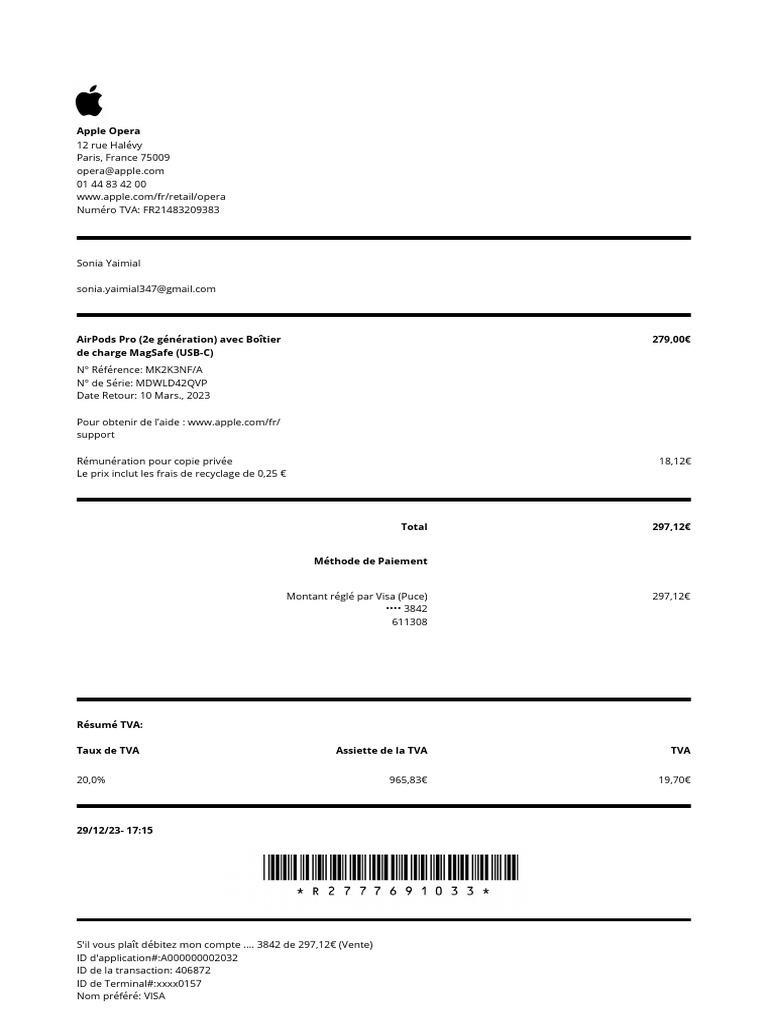 Facture AirPods Pro 2 - Détails Achat | PDF