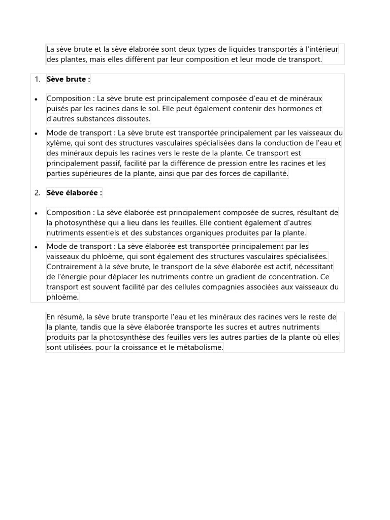 Différences entre sève brute et élaborée | PDF