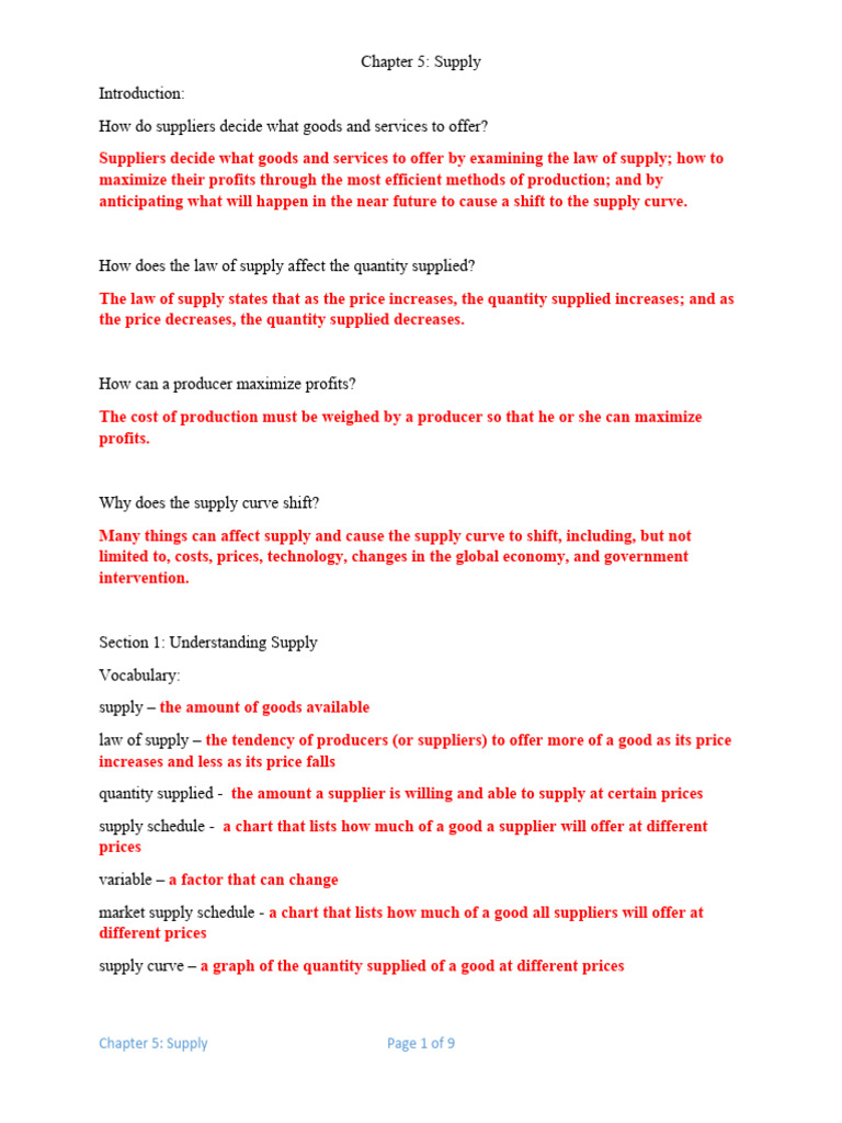 Chapter 5 Supply Teacher Notes | PDF | Supply (Economics) | Elasticity ...