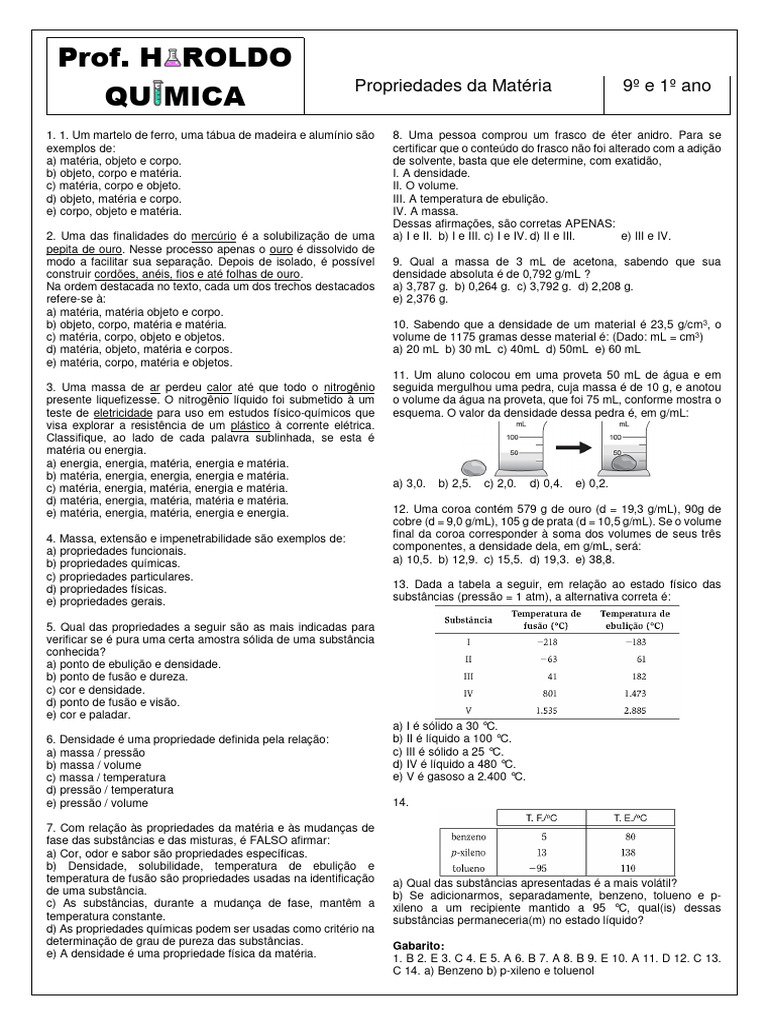 Propriedades da Matéria e Questões de Química | PDF | Densidade ...