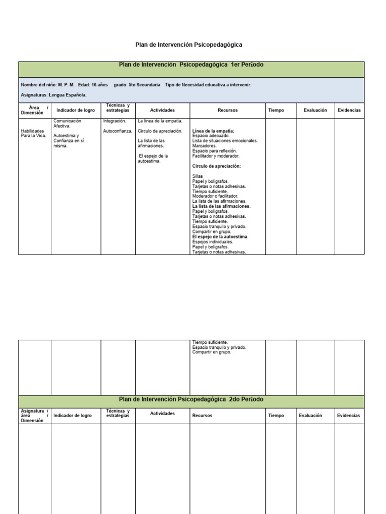 Plan de Intervención Psicopedagógica 5to Secundaria | PDF | Cognición ...