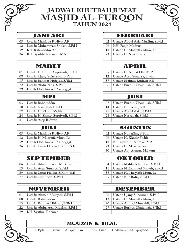 Jadwal Khutbah Jumat 2024 Masjid Al-Furqon | PDF