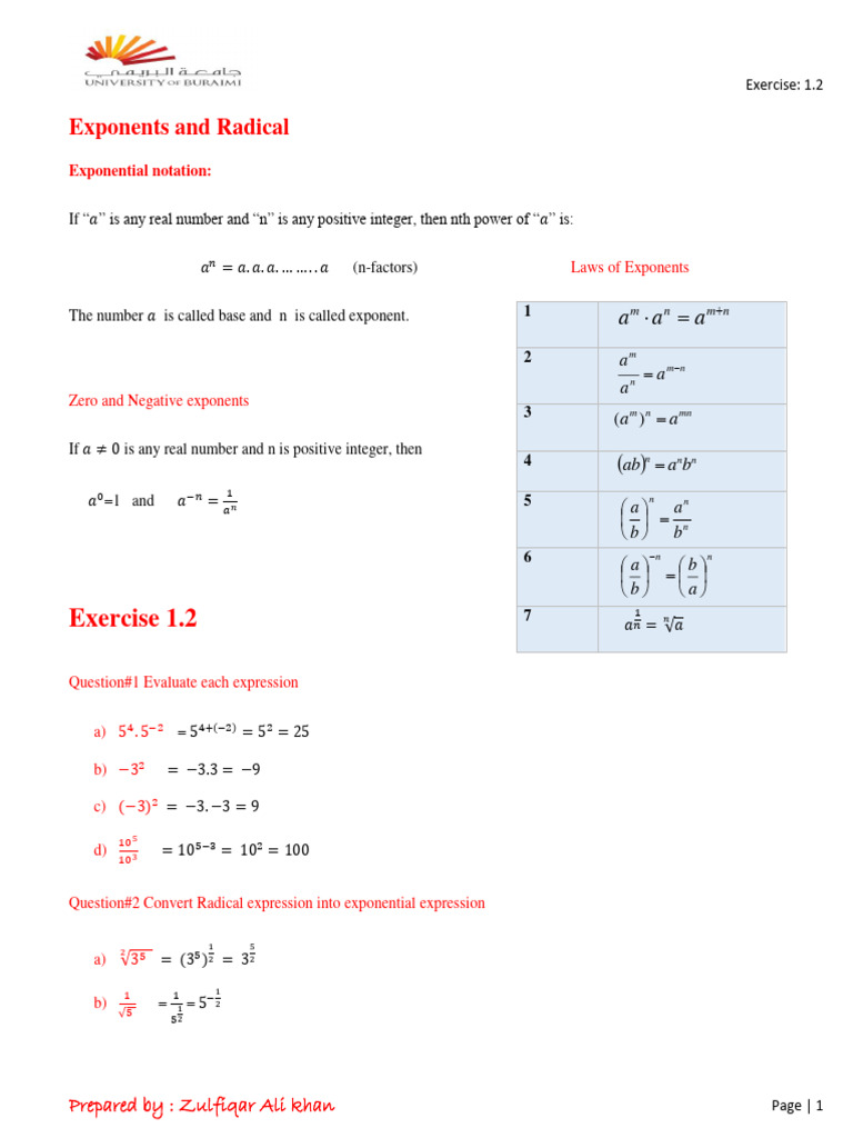 Exponents and Radicals: Exercises Guide | PDF | Exponentiation ...