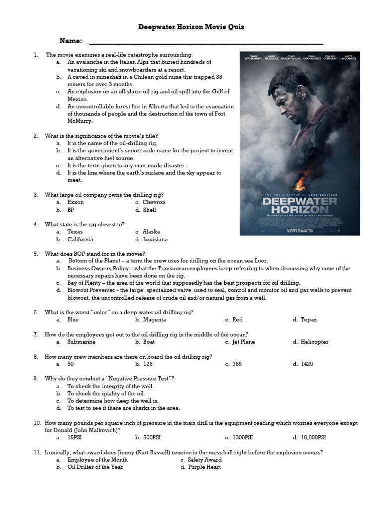 Deepwater Horizon Movie Quiz Download Free PDF Deepwater Horizon