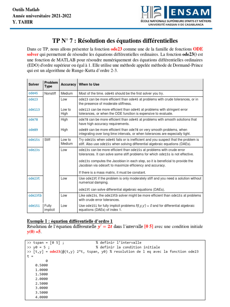 Résolution d'équations différentielles avec ode23 | PDF | Algèbre ...