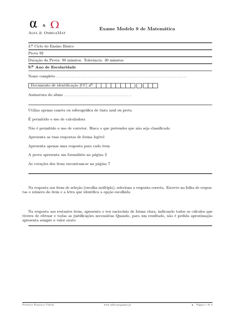 0- Exame Modelo 9 - 9º ano | PDF | Sistema de coordenada cartesiana ...