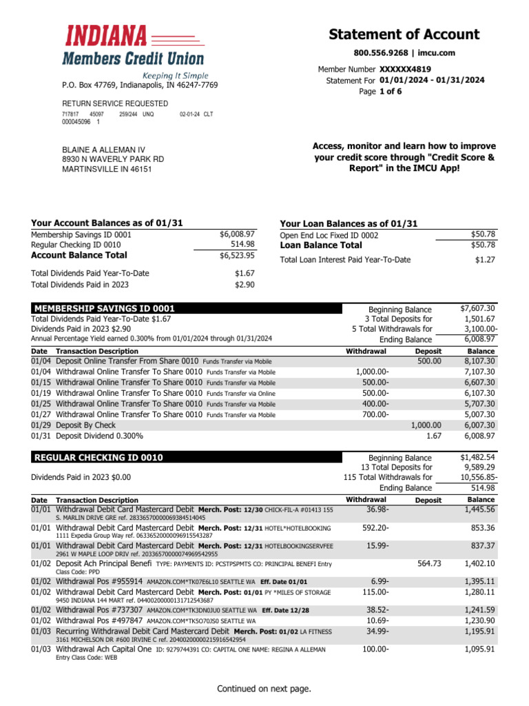 IMCU January 2024 Account Statement | PDF | Debit Card | Interest