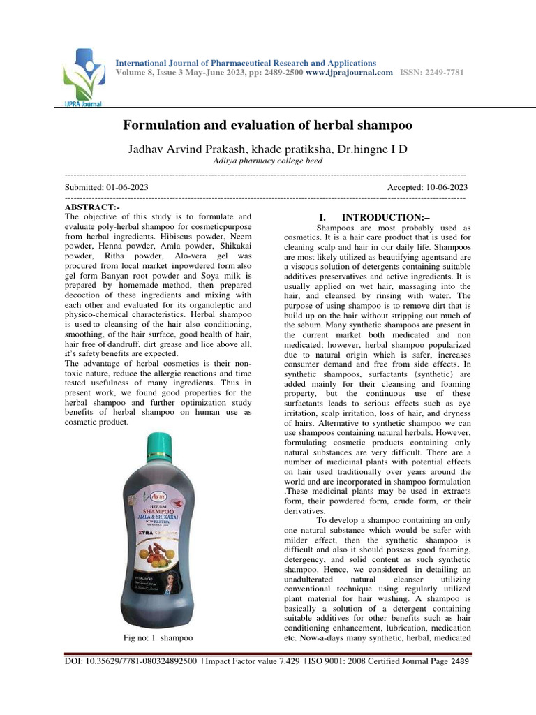 Formulation and Evaluation of Herbal Shampoo PDF Shampoo Solubility