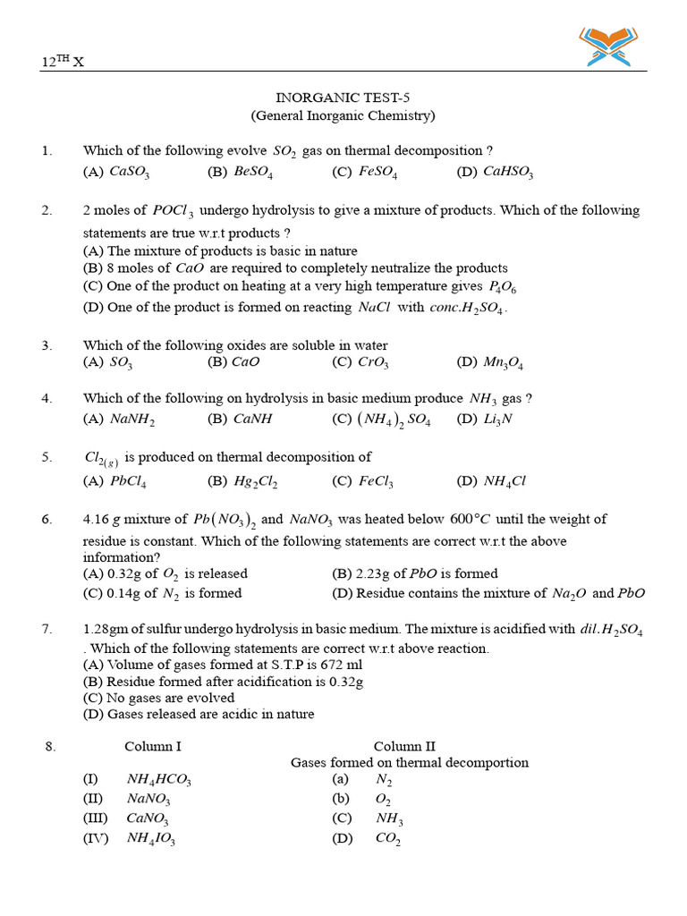 Inorganic Chemistry Test: Key Concepts | PDF | Inorganic Chemistry | Atoms