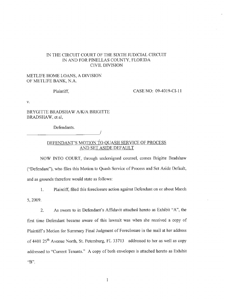 FL Defendant Motion to Quash Service and Set Aside Default