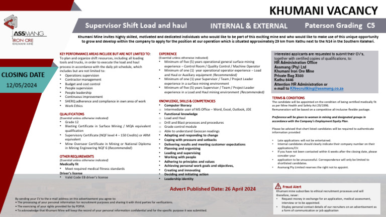 Supervisor Shift Load and Haul | PDF | Mining | Business