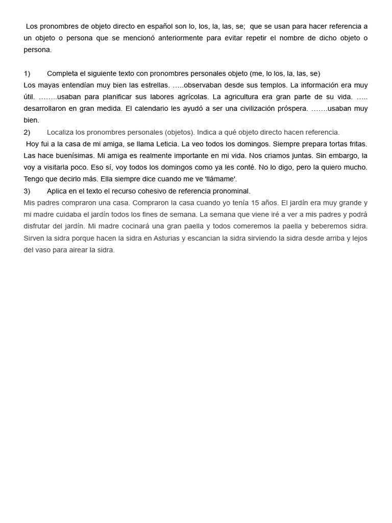 Pronombres de objeto directo en español | PDF | Artes del Lenguaje y ...