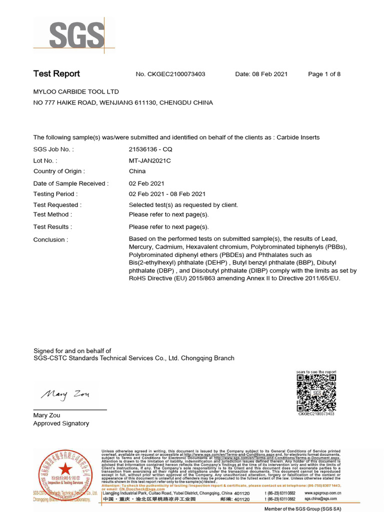 RoHS Compliance Test Report for Carbide Inserts | PDF | Chemistry ...