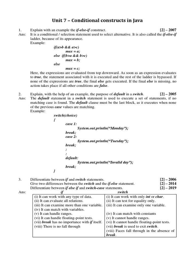 Answers To Worksheet - 07. Conditional Constructs in Java | PDF ...