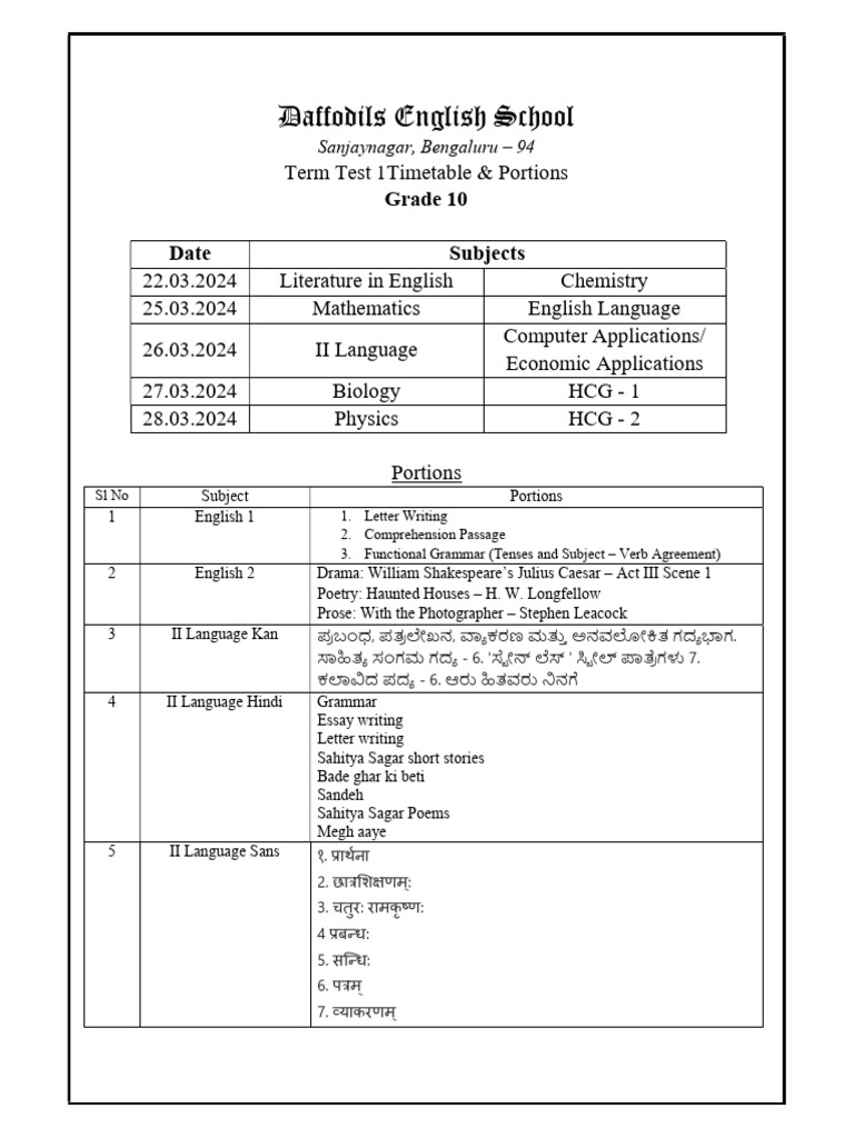 Grade 10 Term Test Timetable & Portions | PDF | Grammar | Linguistics