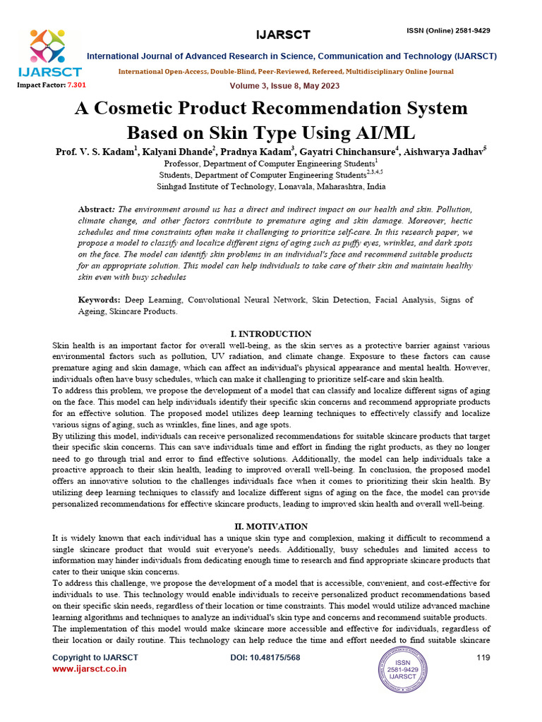 A Cosmetic Product Recommendation System Based On Skin Type Using AI:ML ...
