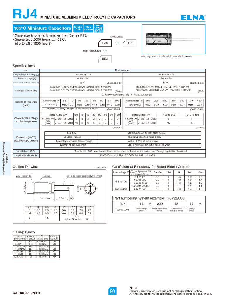 Elna (Radial Thru-Hole) RJ4 Series | PDF | Capacitor | Energy Storage