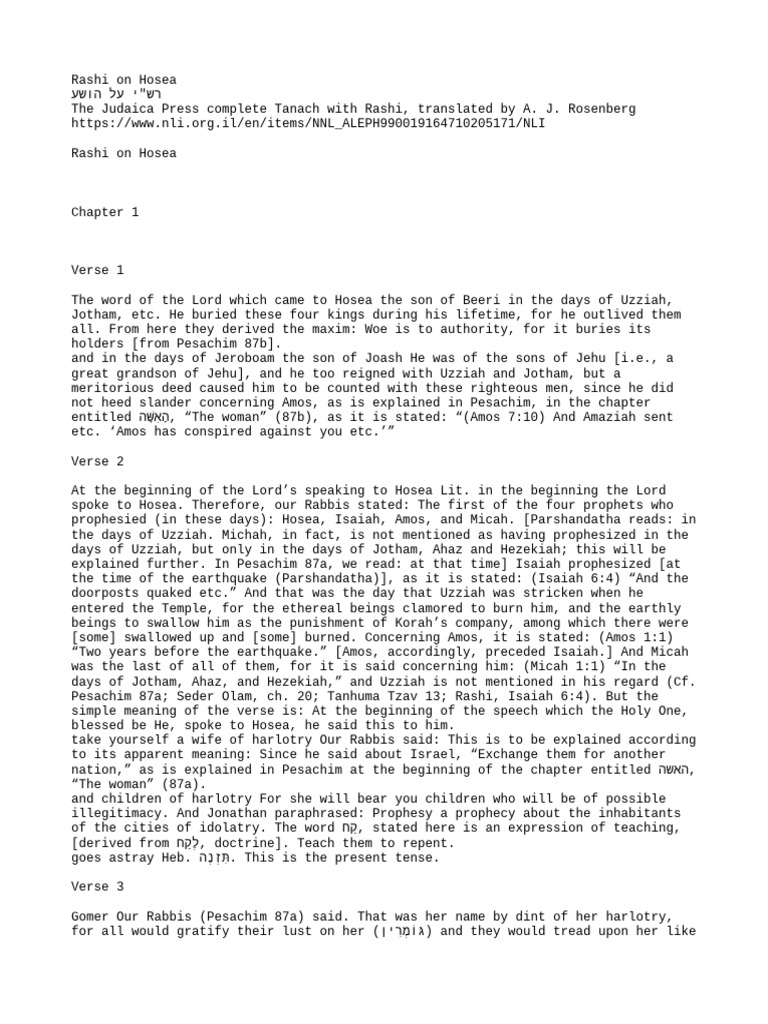 Rashi On Hosea - en - The Judaica Press Complete Tanach With Rashi ...