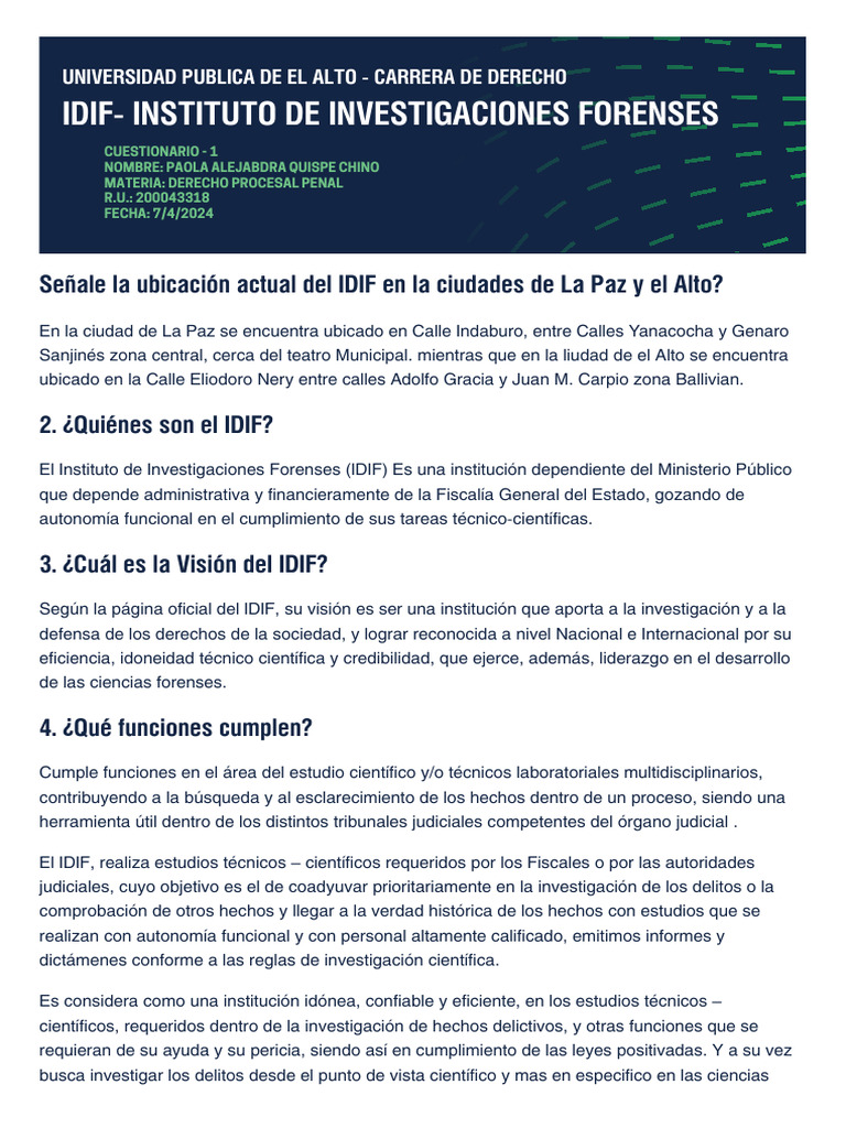 Servicios y Ubicación del IDIF en Bolivia | PDF | Ciencia forense ...