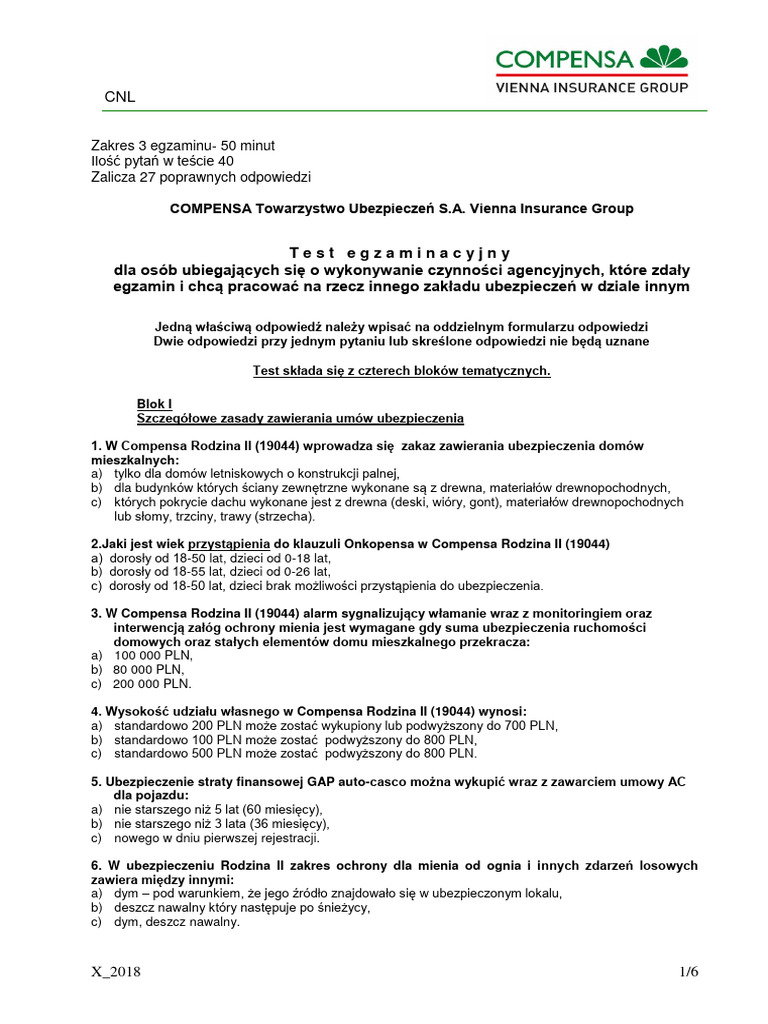 Compensa Majątek Test X - 2018 | PDF