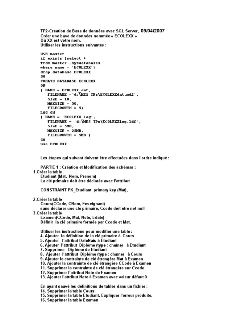 Création et gestion de bases SQL Server | PDF | SQL | Gestion des données