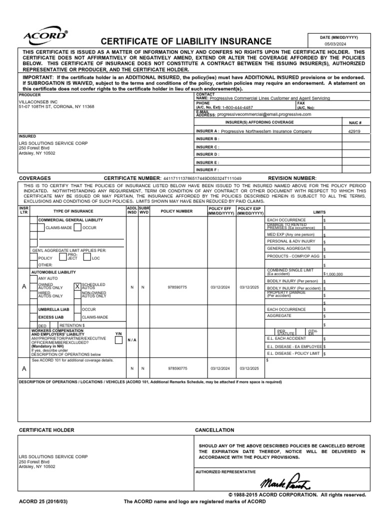 Certificate of Liability Insurance Form | PDF | Insurance | Business Law