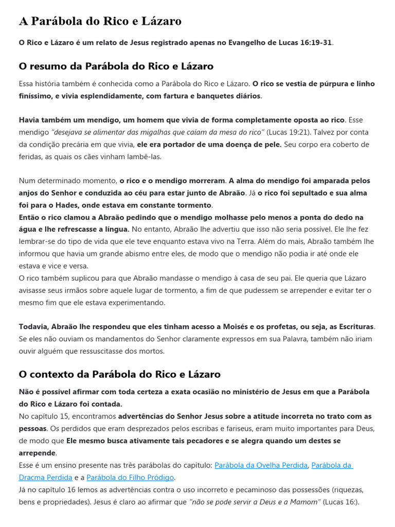 A Parábola Do Rico e Lázaro | PDF | Jesus | Abraão