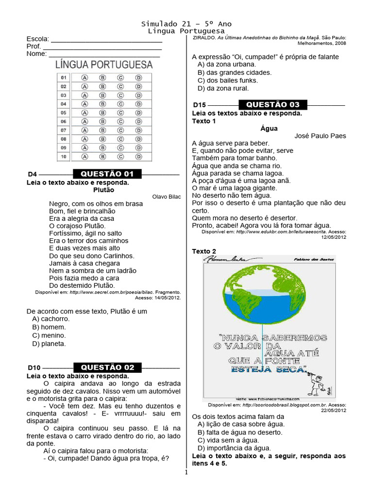 Simulado 21 Port. 5o Ano Blog Do Prof. Warles | PDF