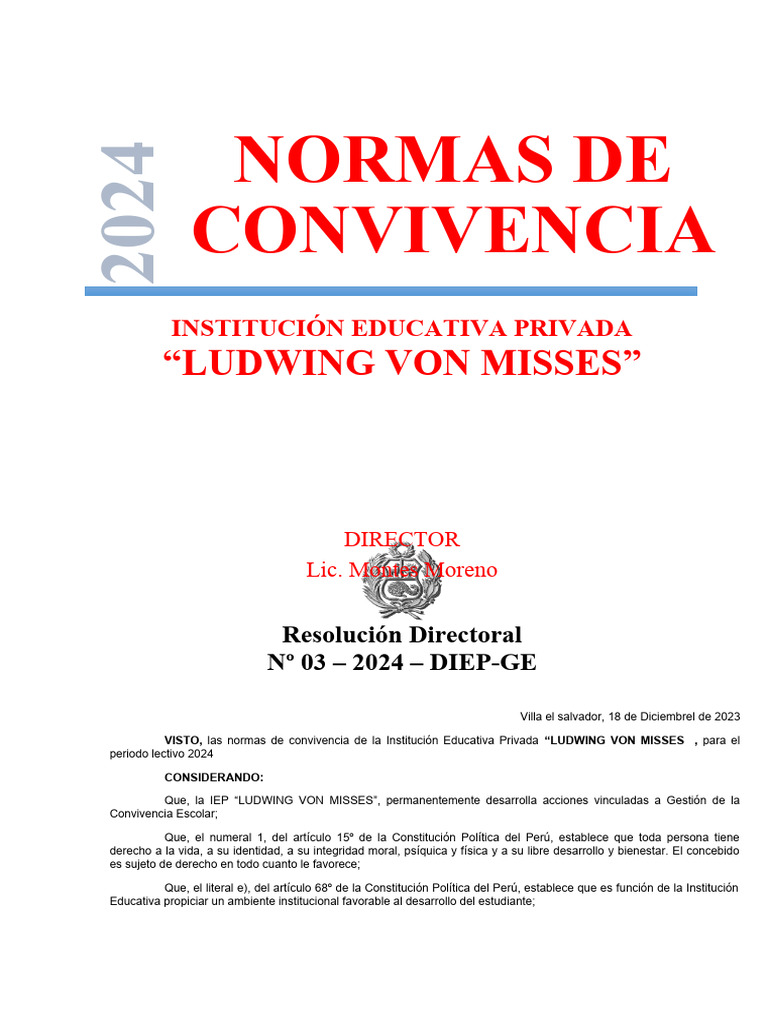 Normas de Convivencia 2024 IEP Ludwing von Mises | PDF | Escuelas ...