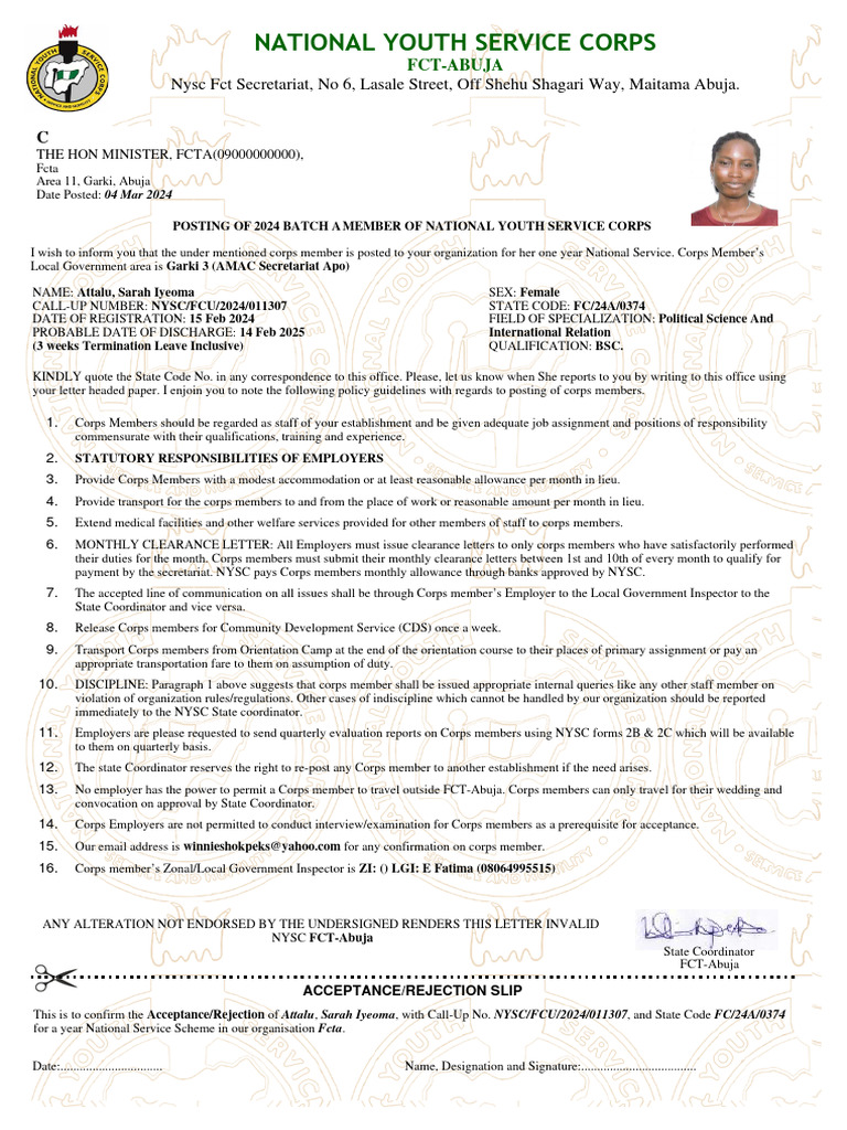 NYSC Posting Guidelines for Garki 3 | PDF | Justice | Crime & Violence