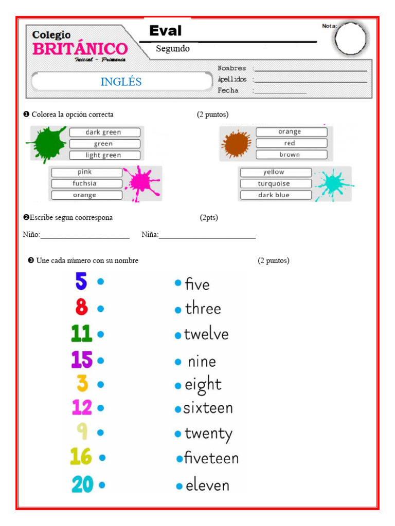 Evaluación de Inglés para Segundo Grado | PDF