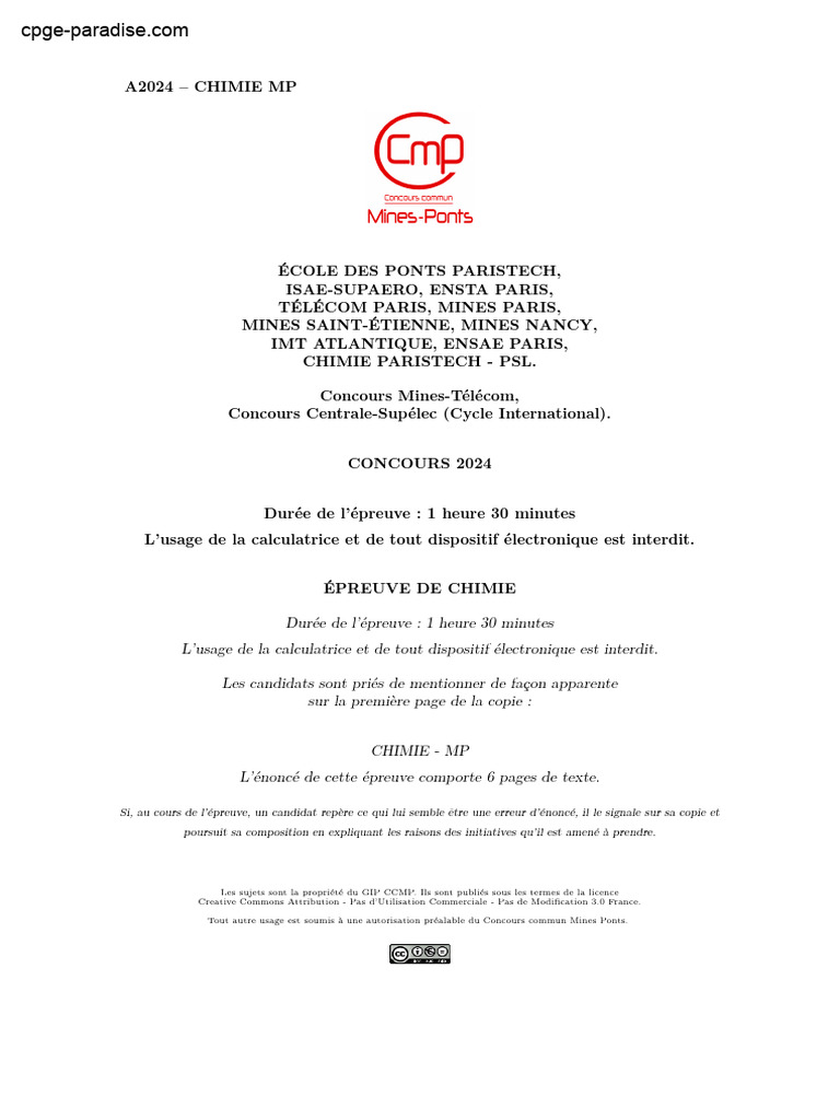 Épreuve de Chimie MP 2024 Concours Mines PDF Uranium Équilibre — free download